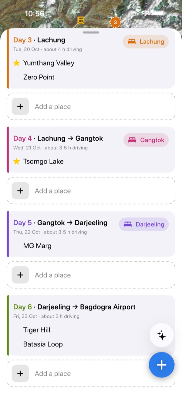 A trip's days in Elsewhere: Lachung, Gangtok, Darjeeling, with the drive for each day and where you sleep